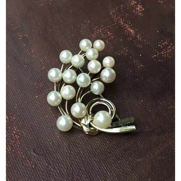 Vintage 1970’s Silver Japanese 17 Cultured Pearl Pin Brooch Mid Century Modern - Picture 1 of 8